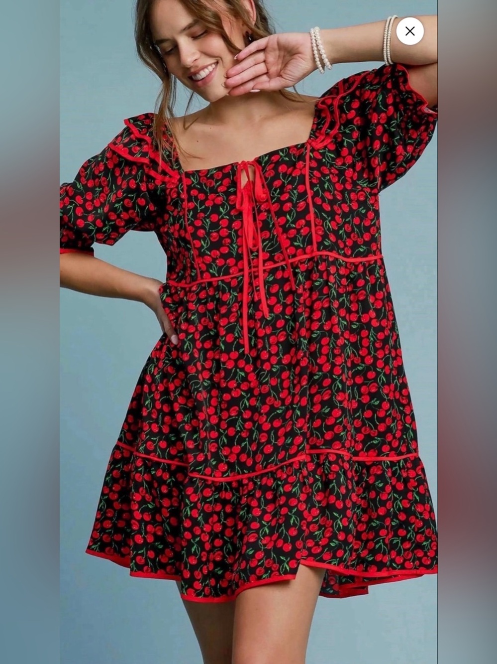 Umgee Cherry Puff Sleeve Mini Babydoll Dress Size S NWT